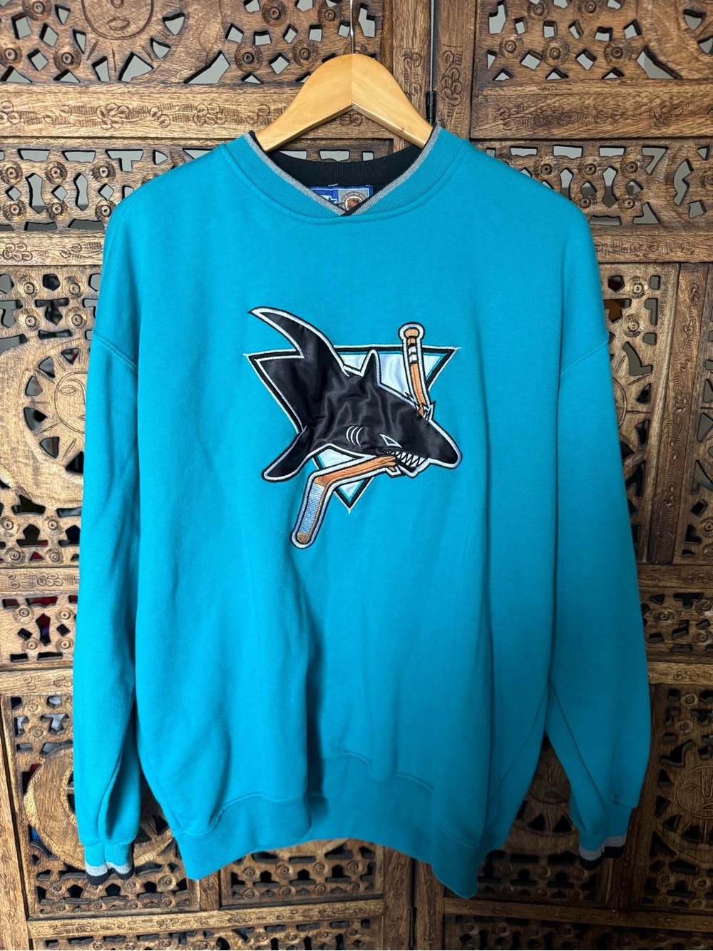Vintage 90s Starter San Jose Sharks NHL Teal Embroidered Sweatshirt Large